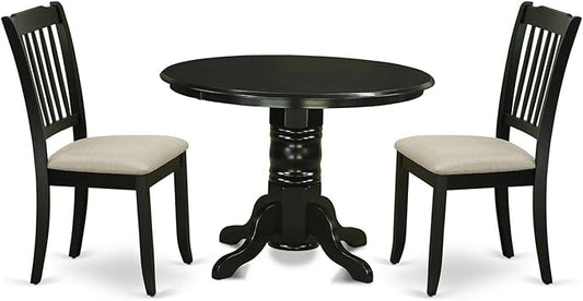 East West Furniture SHDA3-BLK-C 3 Piece Dining Table Set for Small Spaces Contains a Round Kitchen Table with Pedestal and 2 Linen Fabric Kitchen Dining Chairs, 42x42 Inch, Black
