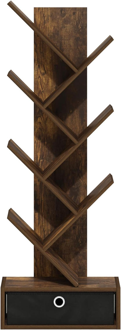 Furinno Tree Bookshelf 7-Tier Floor Standing Tree Bookcase with Bin Drawer, Amber Pine/Black