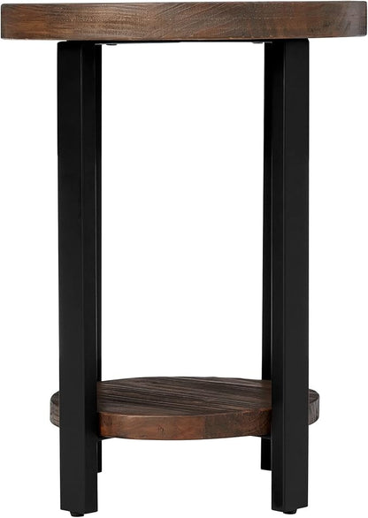 Pomona 20 in. Round End Table with 2 Shelves, Solid Wood Top, Metal Legs, Rustic Natural Brown Finish - Living Room Furniture