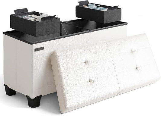 STORAGEBUD Storage Ottoman Bench with Bins, 30-in Storage Bench for Bedroom End of Bed, Folding Foot Rest Ottoman for Living Room Max 660lbs, Faux Leather Ottomans, Cream