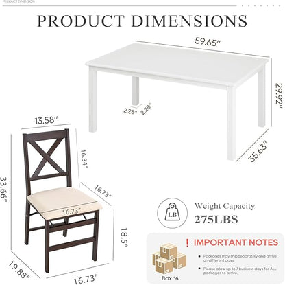 COLAMY 60 Inch Rectangular Kitchen Dining Table for 6, Modern Farmhouse Dining Table Set for 6, Wood Dining Table and Folding Dining Chairs for Kitchen, Dining Room, Restaurant, White/Beige