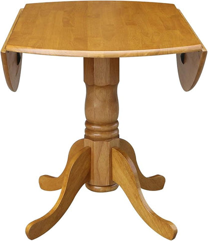 IC International Concepts, 42" Round Dual Drop Leaf Pedestal Dining Table, Solid Real Wood, Sturdy Parawood, Dimensions 42"D x 42"W x 29.5"H, 20mm thickness, 40lbs Weight Capacity, Oak
