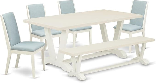 East West Furniture V027LA015-6 6 Piece Dining Room Set Contains a Rectangle Dining Table with V-Legs and 4 Baby Blue Linen Fabric Parson Chairs with a Bench, 40x72 Inch, Multi-Color
