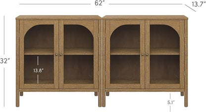 Nathan James Mason TV Stand, Free Standing Accent Sideboard Buffet, Credenza with Glass Doors and Adjustable Shelf in Brushed Light Brown Wood for Dining Room, Entryway and Living Room, Set of 2