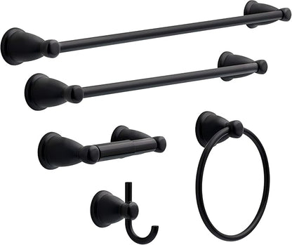 Franklin Brass Kinla 5-Piece Bathroom Set Matte Black 18" and 24" Towel Bar Racks, Toilet Paper Holder, Ring, Hook KIN5PC-MB