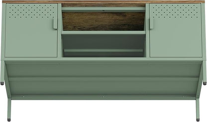 Manhattan Comfort Landen 47" Modern Metal TV Stand with Storage Cabinets & Open Shelves, Holds Up to 40" Screen, TV Console with Natural Wood Top, Cable Management, Adjustable Legs, Green