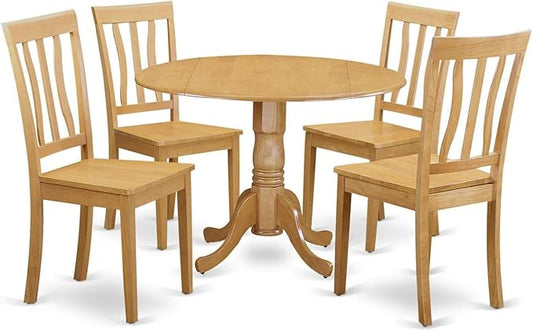 East West Furniture DLAN5-OAK-W 5 Piece Kitchen Table Set for 4 Includes a Round Dining Room Table with Dropleaf and 4 Solid Wood Seat Chairs, 42x42 Inch, Oak