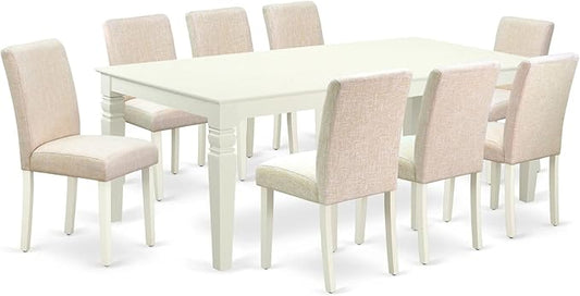 East West Furniture LGAB9-LWH-02 9 Piece Dining Table Set Includes a Rectangle Dining Room Table with Butterfly Leaf and 8 Light Beige Linen Fabric Parsons Chairs, 42x84 Inch, Linen White