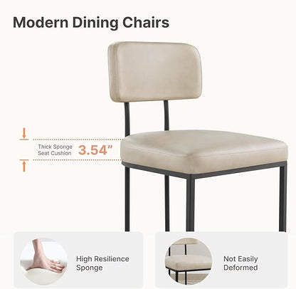 Dining Chairs Set of 6, Upholstered Modern Kitchen Chairs with Ergonomic Backrest, Faux Leather Cushion Seat & Metal Legs for Living Room, Restaurant, and Café, Beige, 2 Boxs