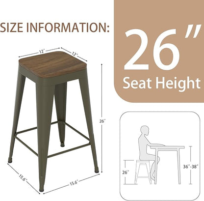 26 inch Backless Bar Stools Set of 4, Indoor Metal Bar Stools with Wood Seat, Industrial Counter Height Barstools for Kitchen Island, Rusty