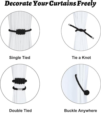 BEL AVENIR Magnetic Cotton Curtain Tiebacks, Decorative Drapery Holdbacks Modern Woven Tie-Backs with Exquisite Knot (Black Cotton, 2 Pack)