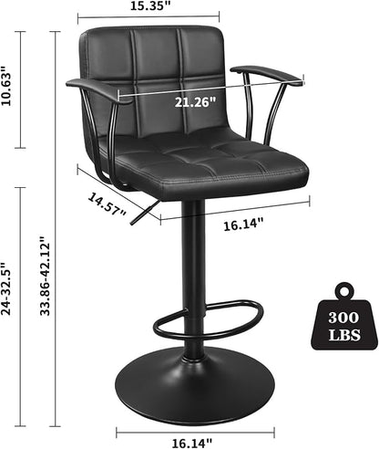 Bar Stools Set of 2, Armrest Adjustable Swivel Barstools with Back, Double Needle PU Leather Counter Height Chairs for Kitchen lsland (Black)