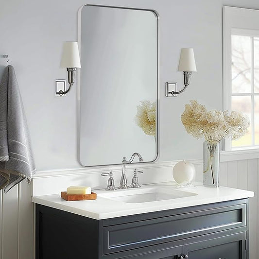 ANDY STAR Chrome Bathroom Mirror, 24”x40” Polished Nickel Rounded Corner Rectangle Mirror, Modern Metal Frame Bathroom Vanity Mirror