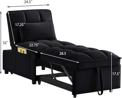 KEIKI Velvet Single Convertible Sleeper Chair Sofa Bed with Adjustable Backrest, Pillows & Storage Pockets, 3 in 1 Pull-Out Couch Chaise Lounge Recliner for Living Room Balcony Bedroom, Black
