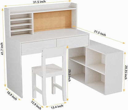 White Wooden Kids Desk and Chair Set, Kids Study Desk with Removable Large Storage Cabinet,Kid Study Table and Chair Set with 2 Drawers & 4 Cabinets,Girls Desks for Kid for Bedroom