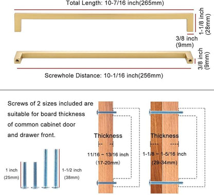 KOOFIZO Solid Square Bar Cabinet Handle - Brushed Gold Furniture Pull, 10 Inch/256mm Screwhole Distance, 1-Piece for Kitchen Cupboard Door, Bedroom Dresser Drawer, Bathroom Wardrobe Hardware