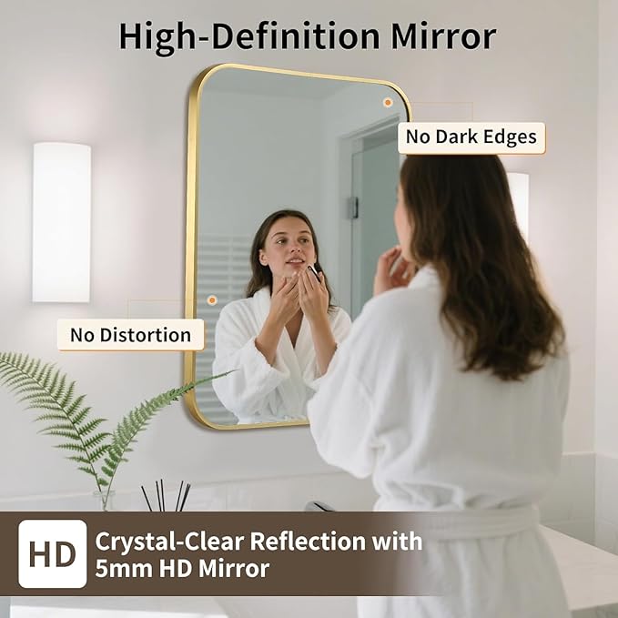 Gold Bathroom Mirror, 40x30 Inch Aluminum Frame Rectangle Mirror, Anti-Rust, Tempered Glass, Wall Mirror for Over Sink, Vanity, Bedroom, Entryway, Horizontal/Vertical