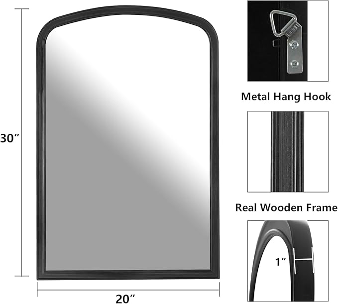 HOMECOOKIN Wood Arched Mirror for Bathroom, 20" x 30" Farmhouse Rustic Arched Wall Mirror Wood Framed Vanity Mirror for Home Decor Entryway Living Room (Black)