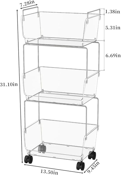 YCIA&DONE 3 Tier Rolling Cart, Storage Shelf Organizer with Lockable Caster Wheels,Transparent Slim Storage Cart for Bathroom, Laundry,Cosmetics