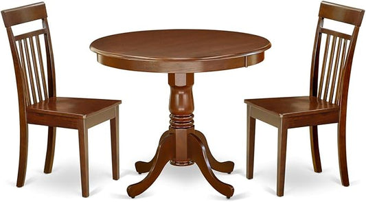 East West Furniture ANCA3-MAH-W 3 Piece Dining Table Set for Small Spaces Contains a Round Kitchen Table with Pedestal and 2 Dining Room Chairs, 36x36 Inch, Mahogany
