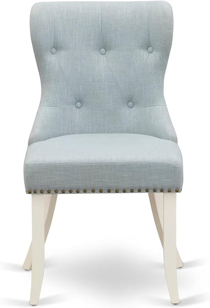 East West Furniture V027SI215-9 9 Piece Kitchen Table Set Includes a Rectangle Dining Table with V-Legs and 8 Baby Blue Linen Fabric Parson Dining Room Chairs, 40x72 Inch, Multi-Color
