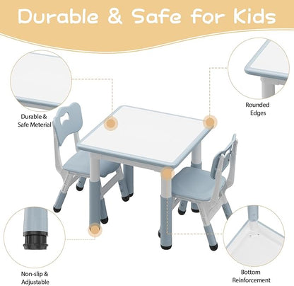 GarveeHome Kids Table and 2 Chairs Set, Height Adjustable Toddler Table and Chair Set for 2, Graffiti Desktop, Non-Slip Design, Children Table for Home Daycare Preschool for Ages 2-8, Gray Blue