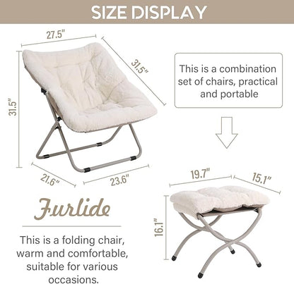 Saucer Chair with Ottoman, Oversized Dorm Chairs, X-Large Faux Fur Folding Chair, Foldable Metal Frame Chair for Bedroom, Living Room (Beige)