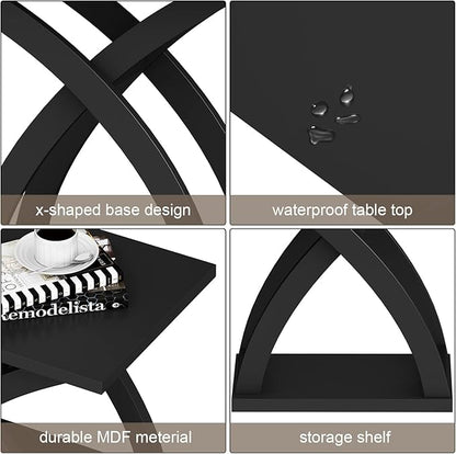 ChooChoo End Side Table, Modern End Table with Storage Shelf, X-Design Side Table Living Room (Black)