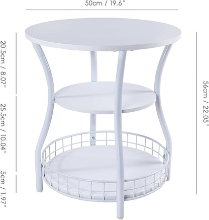 Round End Table, 3-Tier Side Table with Storage, Accent Corner Sofa Beside Table for Small Spaces,Steel Frame Nightstand for Living Room, Bedroom, Small Coffee Table,White