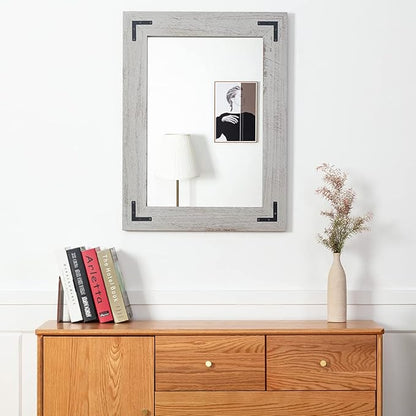 YOSHOOT Rustic Wooden Framed Wall Mirror, Natural Wood Bathroom Vanity Mirror for Farmhouse Decor, Vertical or Horizontal Hanging