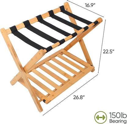 Fully Assembled Bamboo Luggage Rack, Heavy Duty Folding Suitcase Stand with Storage Shelf, Guest Room Essentials, Ideal for Bedroom, Hotel, Natural