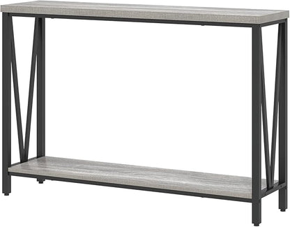 FOLUBAN Industrial Sofa Console Table, Rustic Wood and Metal Entryway Hallway Table for Living Room Entrance, 43.3 Inch Light Grey
