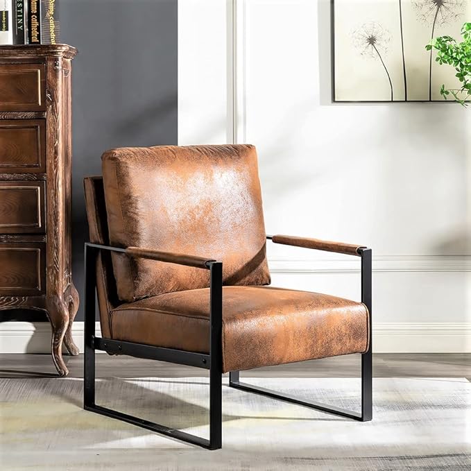 Container Furniture Classic Mid Century Modern Accent Chair with Durable Square Metal Frame, Armchair for Living Room, Bedroom, Home Office in Spotted Microfiber Upholstery, Light Brown