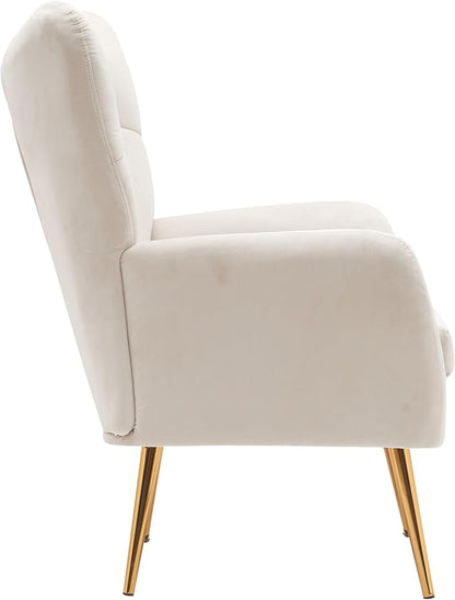 Container Furniture Direct Modern Chic Mid-Century Velvet Accent Armchair for Living Room, Bedroom, or Home Office, Button-Tufted Wingback Design with Gold Flared Legs, Ivory