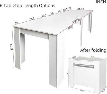KEIKI 20"-118.5" L Extendable Foldable Dining Room Table for 1-10 People, Wood Multifunctional Rectangle Expandable Console Kitchen Living Meeting Room Furniture, 6 Tabletop Length Options, White