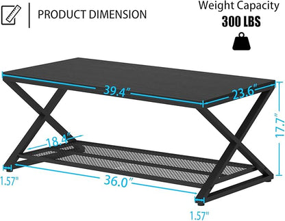 LVB Black Coffee Table, Metal Wood 2 Tier Center Tables with Storage Shelf, Modern Rectangular Cocktail Tea Table for Living Room, Wooden Middle Concrete Table for Office Bedroom, 39 inch, Black Oak