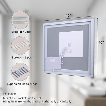 40"x 40" LED Bathroom Mirror, Backlit + Front Lit, LED Bathroom Mirror with Lights for Wall, 3 Colors, Anti-Fog, Dimmable Brightness, Memory Function, Tempered Glass