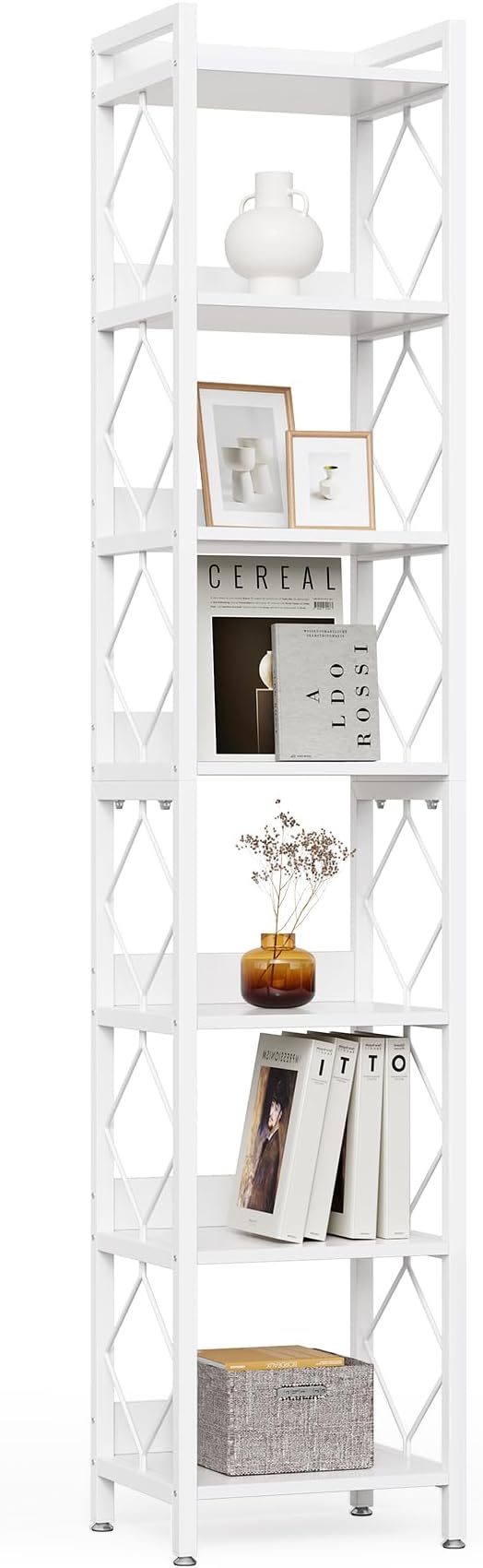 LITTLE TREE Book Shelf, 7-Tier Tall Bookcase, 78.7" Wooden Display Shelves with Sturdy Metal Frame for Living Room, Modern Narrow Standing Bookshelves for Bedroom, White Office Shelf for Small Spaces