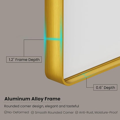 Gold Bathroom Mirror, 72x36 Inch Brushed Gold Metal Frame Mirror for Wall, Rounded Rectangle Bathroom Vanity Mirror, Tempered Glass, Anti-Rust, Horizontal/Vertical