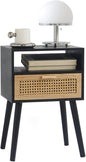 MaxSmeo End Table with Storage Mid Century Nightstand with Rattan Drawer and Shelf, Wood Small Side Coffee Table for Small Space, Living Room and Bedroom, Easy Assembly (Black)