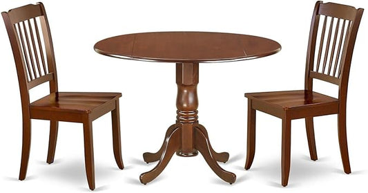 East West Furniture DLDA3-MAH-W 3 Piece Kitchen Table Set for Small Spaces Contains a Round Dining Table with Dropleaf and 2 Dining Room Chairs, 42x42 Inch, Mahogany