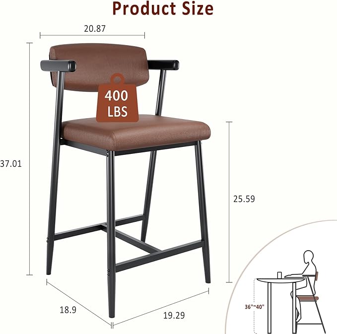 GarveeHome Counter Height Bar Stools of 4 with Armrests, 4 Piece Counter Height Bar Stools Set with Back, Upholstered Seat & Metal Footrest for Kitchen Islands, Counter Bars, Retro Brown