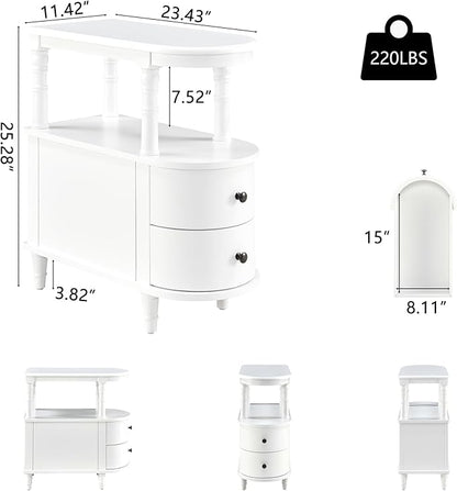 2 Set of Wood End Table with 2 Drawers and Storage Shelf, Narrow Sofa Side Table for Living Room, Vintage Slim Nightstand Bedside Table for Bedroom, Slim Chair Side Table White BGA508WT