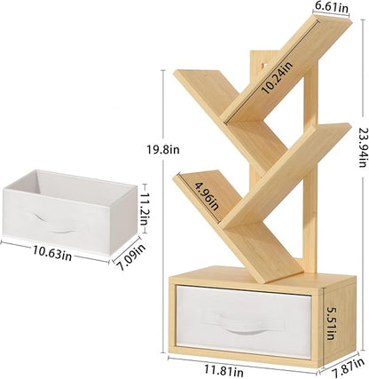 Small Book Shelf with Drawer,4 Tier Black Tree Bookshelf,Wooden Desktop Bookcase,Modern Desk Display Storage Bookshelves,Floor Standing Organizer Bookcases for Living Room,Bedroom,Office