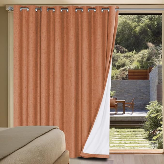 H.VERSAILTEX Linen Blackout Curtains Durable Thick Textured Linen Look 100% Blackout Patio Door Curtain Anti Rust Grommet Extra Wide Sliding Door Curtain Panel, Orange, W100 x L108 inch