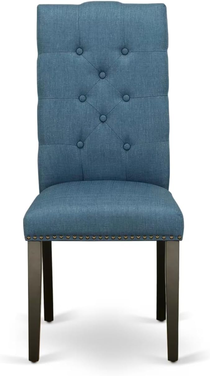 East West Furniture V677EL121-6 6 Piece Modern Dining Table Set Contains a Rectangle Wooden Table with V-Legs and 4 Blue Linen Fabric Parson Chairs with a Bench, 40x72 Inch, Multi-Color