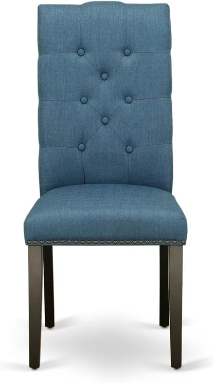 East West Furniture V627EL121-7 7 Piece Modern Dining Table Set Consist of a Rectangle Wooden Table with V-Legs and 6 Blue Linen Fabric Upholstered Chairs, 40x72 Inch, Multi-Color