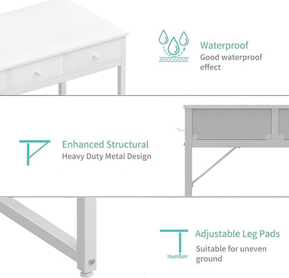 Lufeiya Small White Computer Desk with Fabric Drawers for Home Office Bedroom, 40 Inch Vanity Desk with Drawer Storage and Side Pouch, Study Writing Table, White