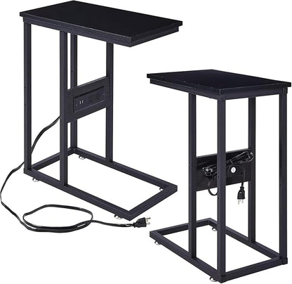 VECELO C Shaped End Side Table with Charging Station & Power Outlets for Couch Sofa/Bed, Snack TV Tray with Metal Frame for Living Room Bedroom 2 Set, Black