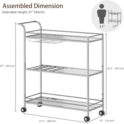 Bar Cart Silver, Home Bar Serving Cart, Modern Bar Cart with 3-Tier, Mobile Kitchen Shelf with Wine Rack and Glass Holder, Bar Carts for The Home, Dining Room, Living Room